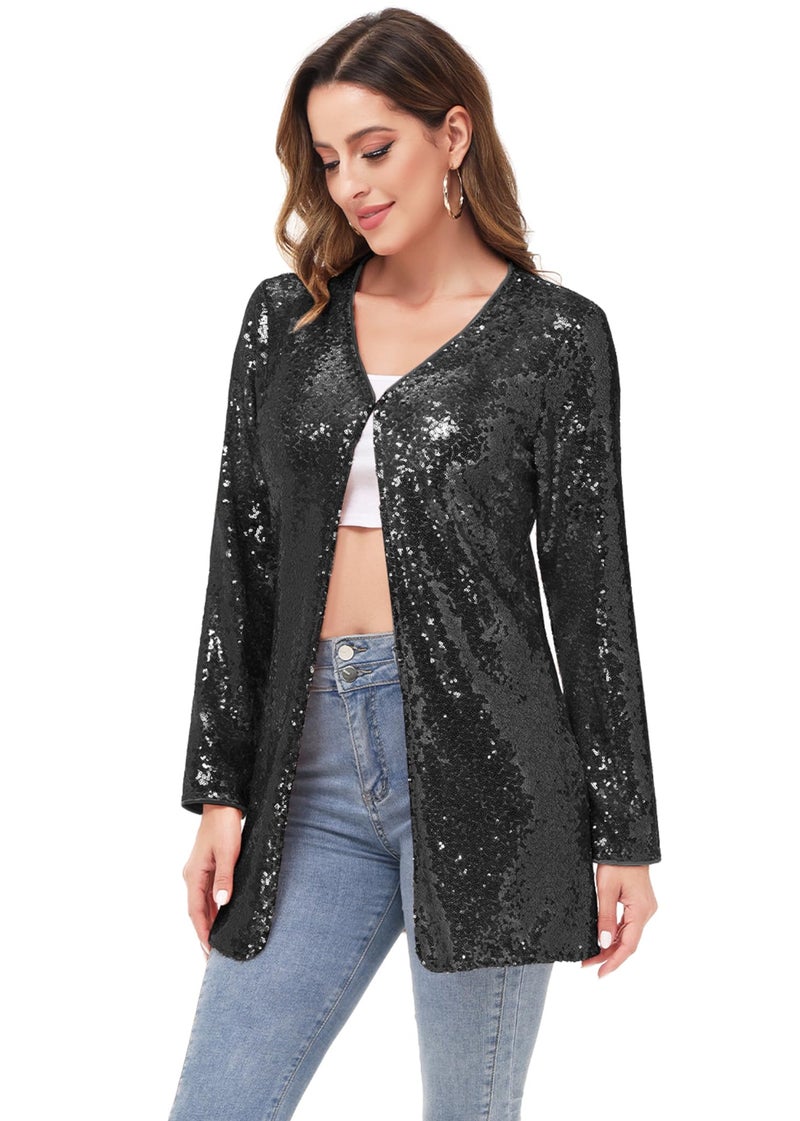 Anna-Kaci Women's Open Front Sequin Coat Las Vegas Blazer Party Club Cocktail Jacket Outerwear, Black, Large - Image 4